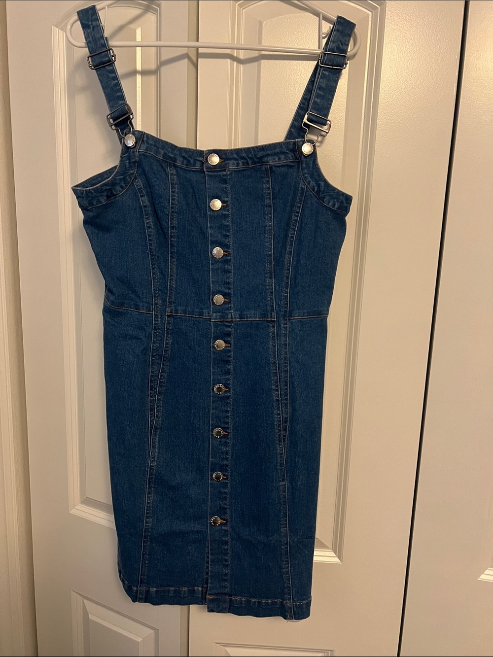 Denim Button-Front Pinafore Dress - Blue